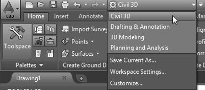 If you look on the top right of the window, as shown in Figure 1.3, you will notice that the current workspace is set to Civil 3D. Figure 1.3 The workspace selection lets you organize the tools of the interface to suit your needs.
