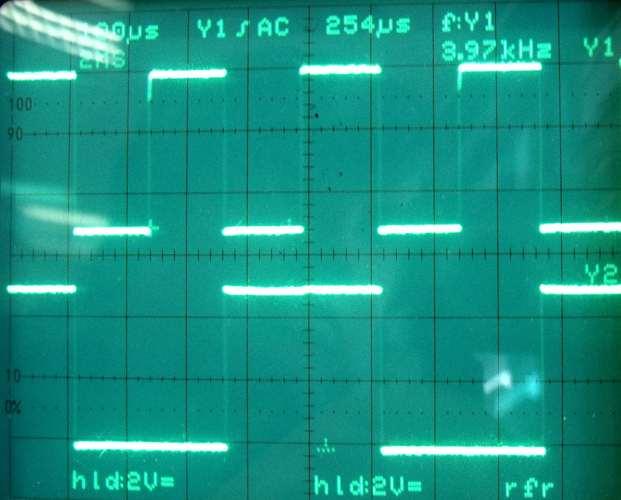 Subsystem 4 (21 Bit Binary Counter): I connected the first and second data line of each chip to a bar graph display and also to the oscilloscope.