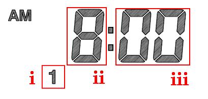 F. Time Setting Mode: Hold and to go to time setting mode. i) Press or to adjust weekday. Press to confirm.
