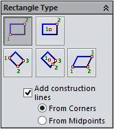 2.26 Chapter 2 > Drawing Sketches with SOLIDWORKS Rectangle Type The buttons available in the Rectangle Type rollout of the PropertyManager allows you to switch different method of drawing rectangle