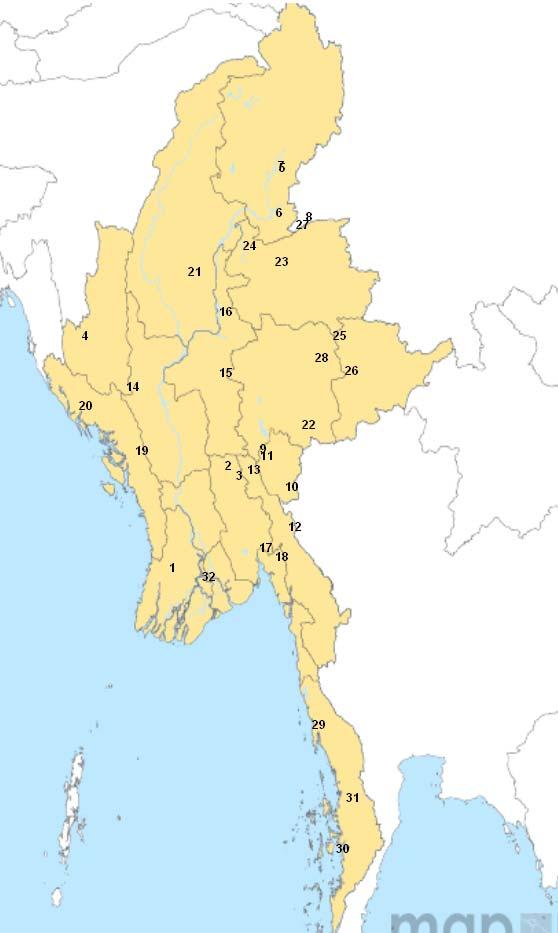 Initial study sites Region/ State Site Partner Ayerwaddy Ingapu MMA Bago East Shwe Kyin DMR/UMB Chin Paletwa MMA / DSMRC Kachin Myitkyina DSMRC Kachin Nabang China