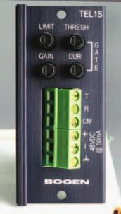 Telephone Input Module (TEL1S) Gain Frequency Response S/N (20 Hz - 20 khz) Distortion Input Impedance Limit (threshold) Gate Threshold Gate Duration Priority External Power CMRR Controls Connector