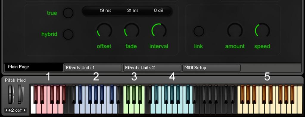 CHORD AND STRUMMING CONTROLS When you switch a Chord Button On the Kontakt keyboard will change like this :- 1 Articulation Key Switches 2 Down Strummed Notes (Strum starts with lowest note of chord
