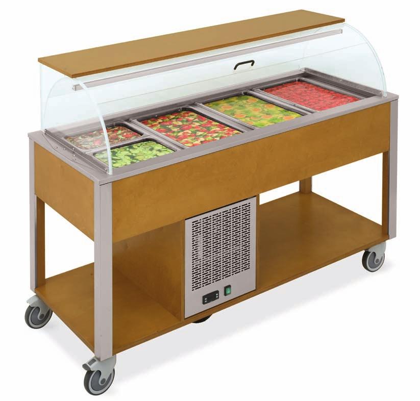 REFRIGERATED TROLLEYS Solid wood legs coated by AISI 304 stainless steel sheet, brushed finish Veneered wood panels AISI 304 stainless steel 190mm deep well for up to 150mm deep GN pans (pans sold