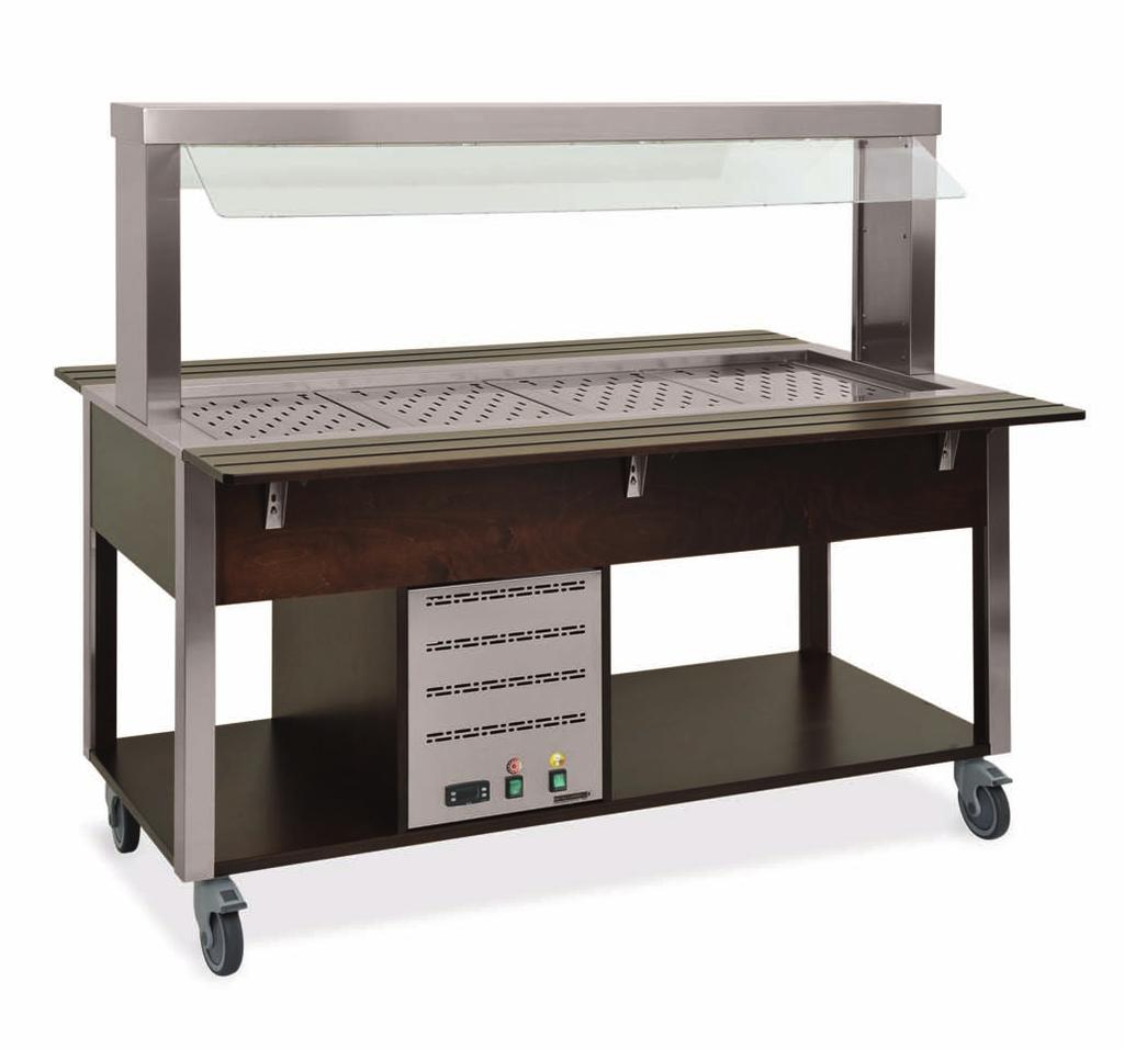 HOT BUFFET MOBILE COUNTERS WITH FIXED SNEEZE GUARD FLUORESCENT LIGHTING Solid wood legs coated by AISI 304 stainless steel sheet, brushed finish Veneered wood panels AISI 304 stainless steel 190mm