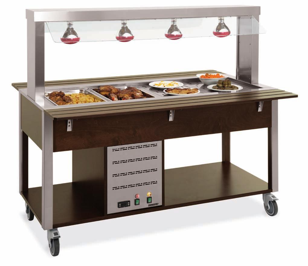 HOT BUFFET MOBILE COUNTERS WITH FIXED SNEEZE GUARD - INFRARED LAMPS Solid wood legs coated by AISI 304 stainless steel sheet, brushed finish Veneered wood panels AISI 304 stainless steel 190mm deep