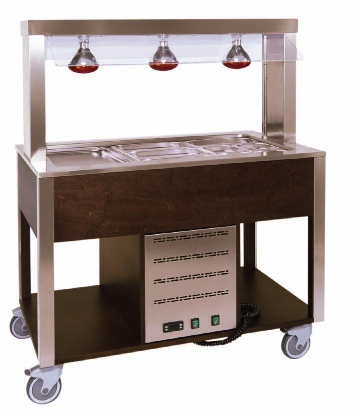 HOT BUFFET MOBILE COUNTERS WITH FIXED SNEEZE GUARD - INFRARED LAMPS 33 Item 6910.3L-W + pans 129 Item Finish GN Power Max dim. (cm) 6910.2L-R Oak 2 x 1/1 1700W 80x68x144 6910.