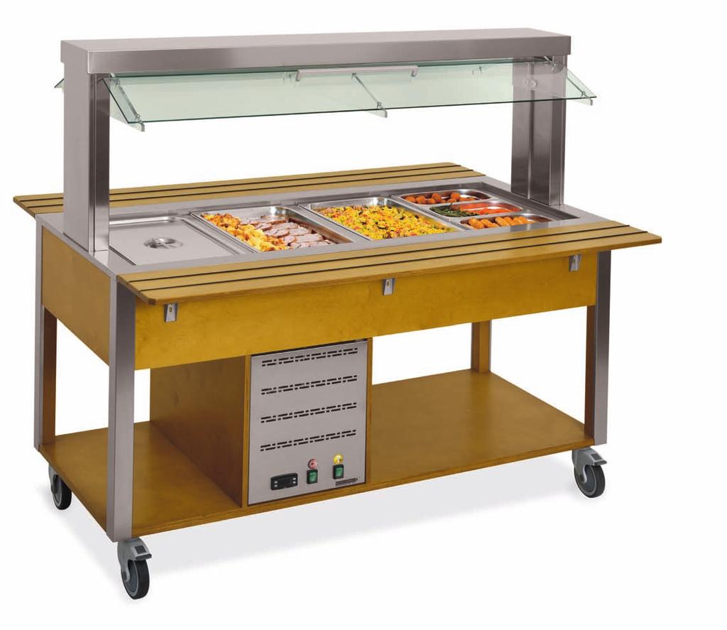 HOT BUFFET MOBILE COUNTERS WITH ADJUSTABLE SNEEZE GUARD - FLUORESCENT LIGHTING Solid wood legs coated by AISI 304 stainless steel sheet, brushed finish Veneered wood panels AISI 304 stainless steel