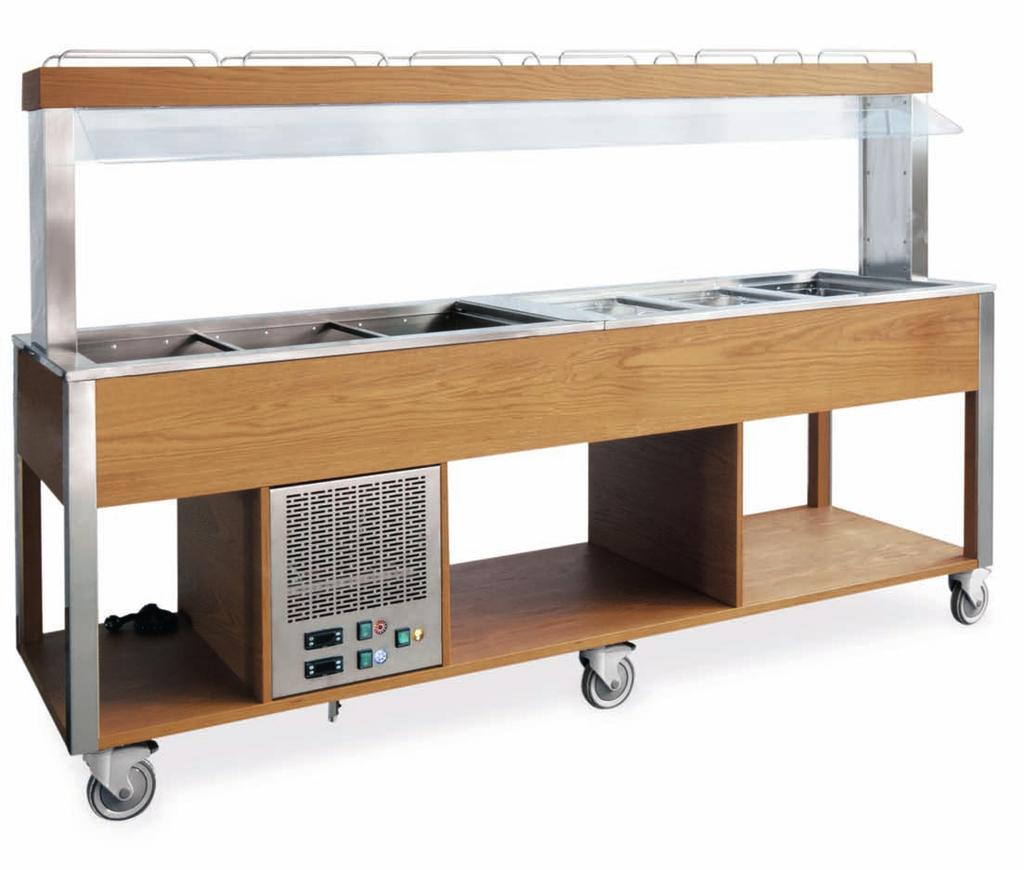 MIXED HOT/CHILLED BUFFET MOBILE COUNTERS WITH FIXED SNEEZE GUARD Solid wood legs coated by AISI 304 stainless steel sheet, brushed finish Veneered wood panels AISI 304 stainless steel 190mm deep well