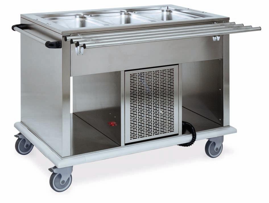 STAINLESS STEEL REFRIGERATED TROLLEYS AISI 304 stainless steel sheet construction, brushed finish Push handle Bottom shelves AISI 304 stainless steel 190mm deep well for up to 150mm deep GN pans