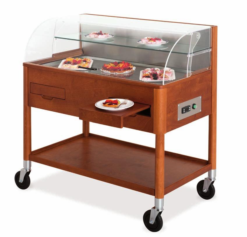REFRIGERATED SWEET AND CHEESE TROLLEYS Solid wood construction with panels and plywood shelf Back panel and refrigerated top in AISI 304 stainless steel Condensate drain at base of well (drain tap