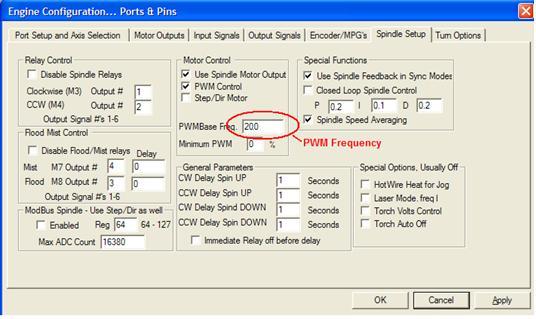Ports&Pins configuration screenshot 2. Go to Config / Ports&Pins / Spindle Setup. In the motor control box, check Use Spindle Motor Output and Step /Dir Motor.