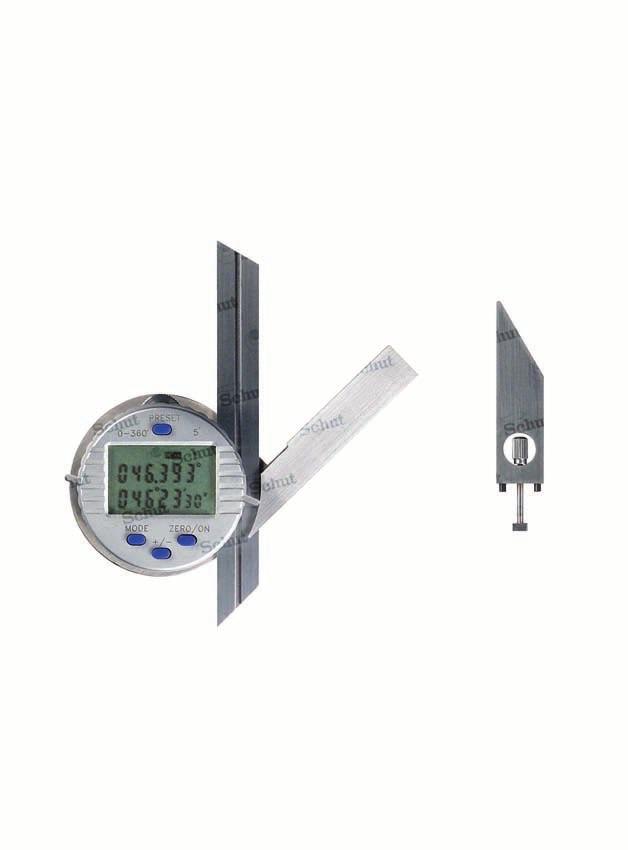PROTRACTORS Universal digital bevel protractor This digital bevel protractor displays both decimal degrees and degrees-minutes-seconds at the same time. Measuring range: ± 360. Resolution: 0.