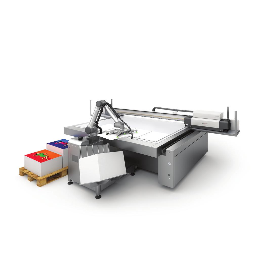 Rob The robot loads and unloads media onto swissqprint flatbed printers. Practically any sufficiently rigid material with a non-porous surface can be handled.
