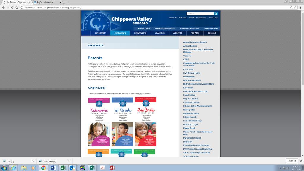 The PaySchools Central link for Chippewa Valley Schools can be found on the CVS website in the For Parents