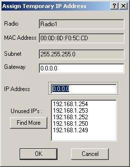 7. A dialog will appear: The Unused IP s: box contains a number of IP addresses that are currently available on the network.