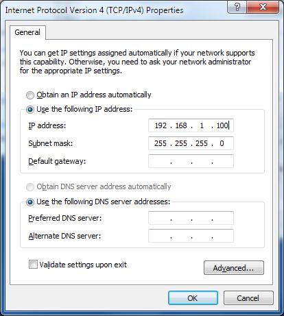 Ensure the IP address of the Ethernet interface on the PC is on the same subnet as the network of