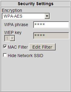 6.3 Security settings The following security settings can be configured: Field Encryption type (page 81) WPA phrase (page 81) WEP key (page 82) MAC Filter (page 83) Edit Filter Hide Network SSID
