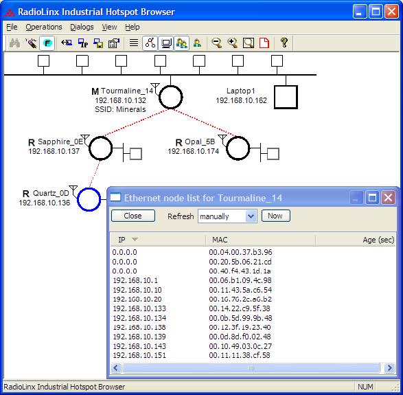 7.4.2 Ethernet Nodes This dialog box opens when the Ethernet Nodes option is selected from the AP Dialogs menu. Use this dialog box to see information about Ethernet devices attached to the radios.