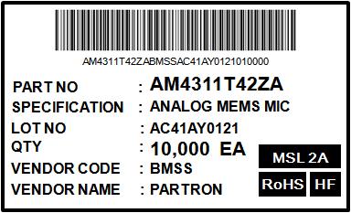 ANALOG MEMS MIC LOT NO : AE03B QTY : 5,000 EA VENDOR CODE : VENDOR NAME : PARTRON Note 1.