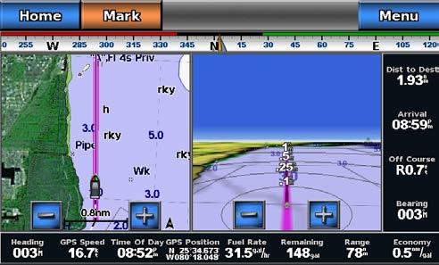 When overlay numbers are displayed on the Combination screen, the navigation inset ➌ is shown during navigation. The compass tape ➍ can be shown or hidden in each overlay.