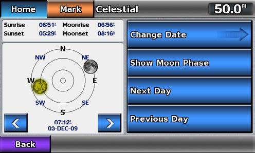 Almanac, On-boat, and Environmental Data Celestial Information The Celestial screen shows information about sunrise, sunset, moonrise, moonset, the moon phase, and the approximate sky view location