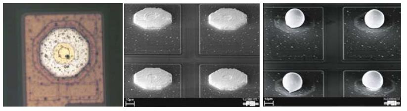 Bump bonding process Electron microscope pictures before and after the reflow production step.