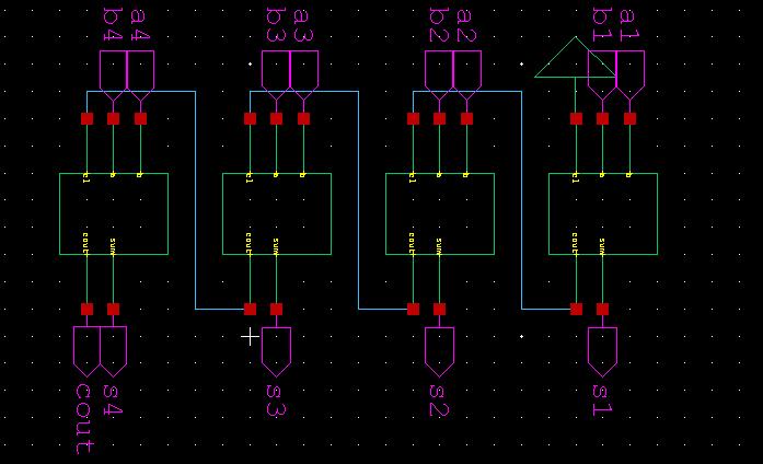 So to design a 4-bit adder circuit we start by designing the 1 bit full adder then connecting the four 1-bit full adders to get the 4-bit adder as shown in the diagram above.
