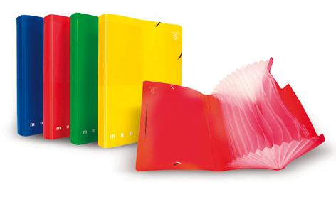 Expanding File, made of 500mic Polypropylene, 6 coloured Tabs with coloured inserts, with Button closure and handle, flap has a practical eyelet, if hanged to a wall, all 6 tabs slide for