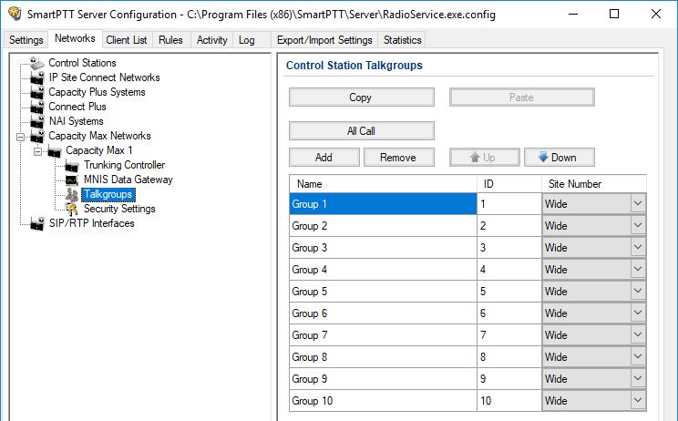 Capacity Max 78 9.5 Talkgroups To configure Capacity Max talkgroups, click Talkgroups. The Control Station Talkgroups window appears: To add a talkgroup, click Add.