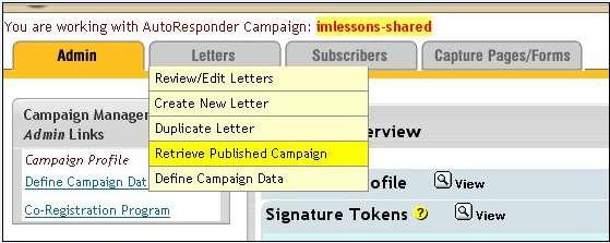 Step 2: Click the Letters tab and select to Retrieve Published Campaign.