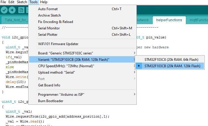 5. Click on tools tab, move mouse pointer to Variant: xxxxx, under this click on STM32F103CB