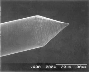 Fig.7 shows a view of a conically-shaped micro tool. The measurement shows that the endpoint of the micro tool is 3µm wide.