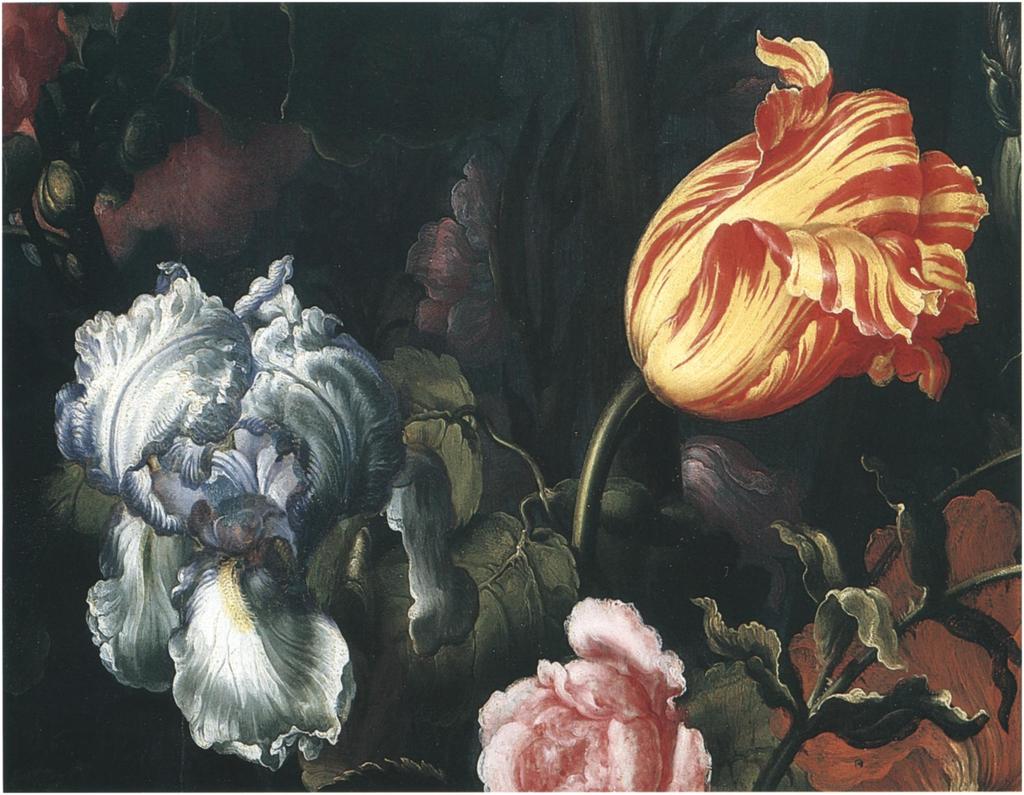 5. Detail, A Vase with Flowers. Remarkably, the flame tulips retain the delicate transparent yellow-lake glaze that contributes to their glistening luminosity.