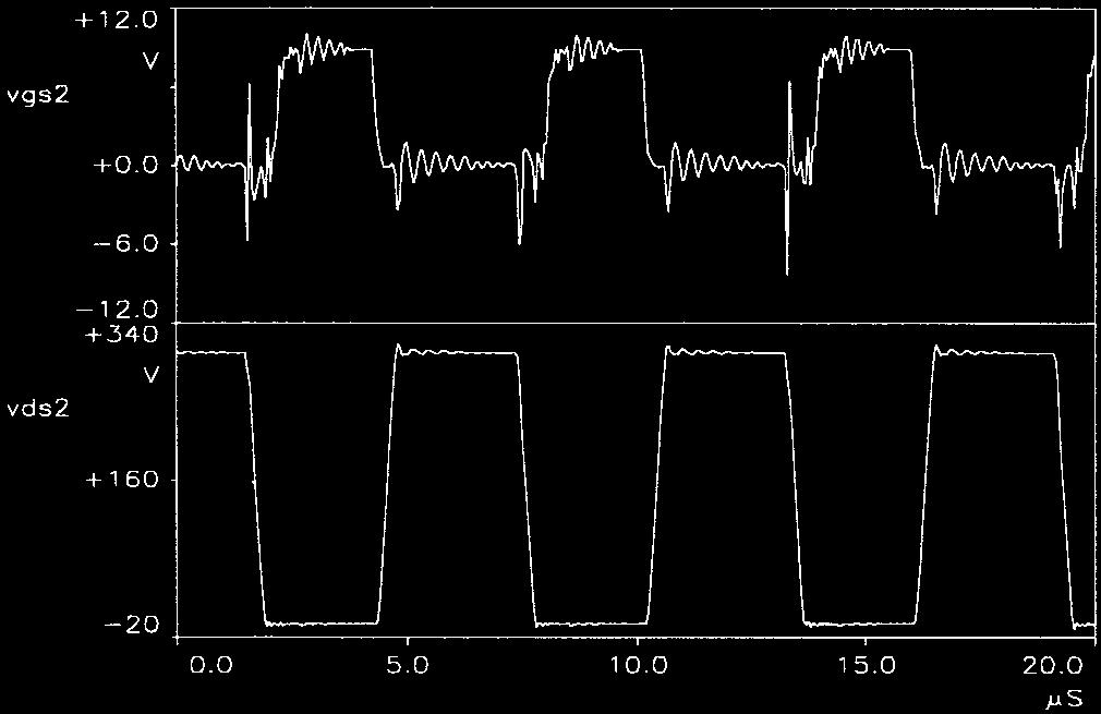 Waveforms of the gate voltage of M2 and the drain voltage of M2. the three input currents are shown since only two current probes were available.