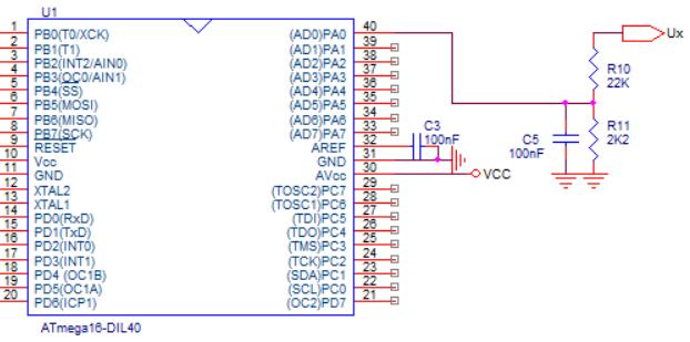 ADC Example: measuring a voltage larger than the reference voltage using the ADC R10, R11 form a divider which reduces Ux with the ratio K = 2.2/ (22+2.2) = 0.