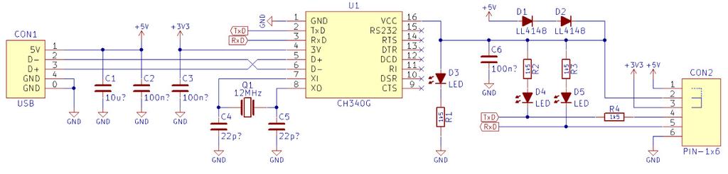 USB- TTL adapter The schematic of the USB-TTL adaptar is shown for reference D1,D2 are used to lower the 5V voltage to 3.3V (5-0.7-0.