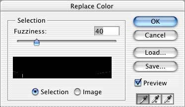 3. You can see the selection area displayed in black and 3 eyedropper tools in the Replace Colour dialog box.