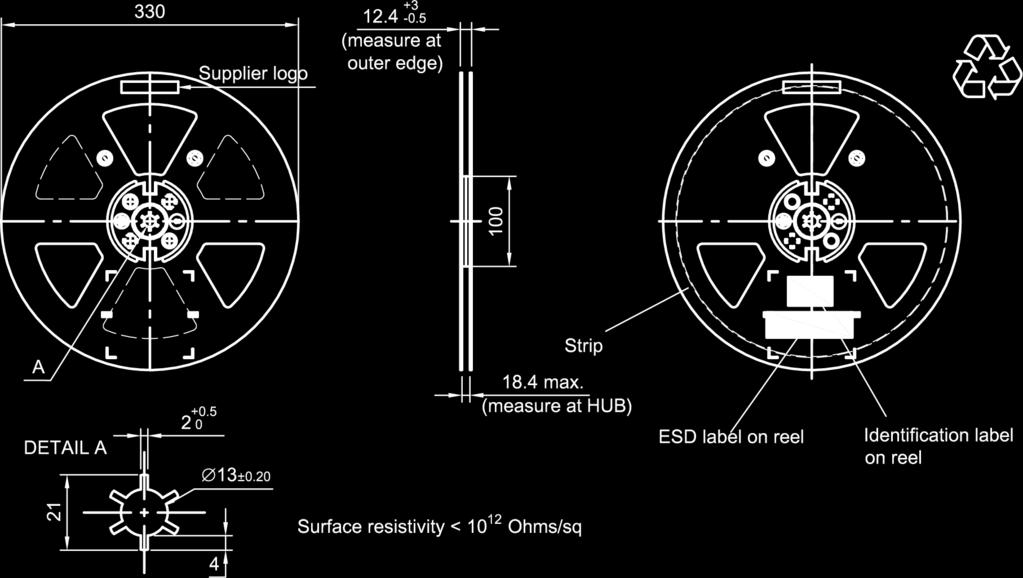 15.3 Reel with diameter of 330 mm Figure 15: Drawing of reel (first-angle projection) with diameter of 330 mm.