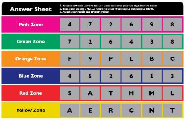There are six coloured zones to complete (example pictured right), with each zone allocated a double sided sheet containing a Treasure Hunt question, a Pub-related question and three Pub Quiz
