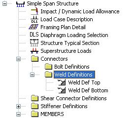 Figure 4 The Connectors->Weld Definitions-> Weld Def. Top & Weld Def. Bottom as defined should reflect on the Simple Span Structure tree as shown below.