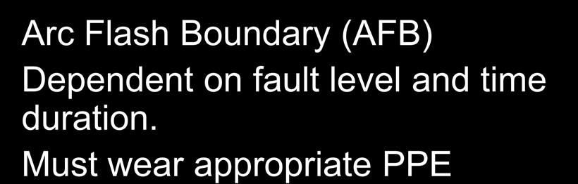 Shock and Arc Flash Boundaries Equipment Arc Flash Boundary (AFB) Dependent on fault level and time duration.