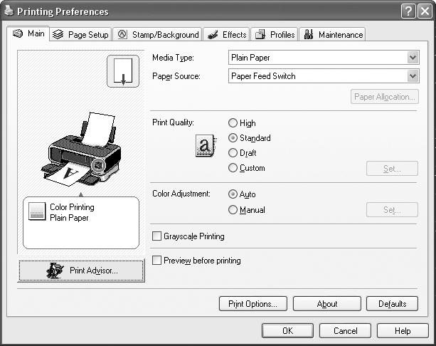 Basic Printing 5 Open the printer properties dialog box. (1) Select Print from the application software s File menu. The Print dialog box opens. (2) Ensure that your printer is selected.
