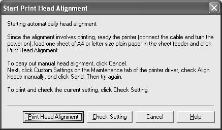 Printing Maintenance (3) Read the message and click Print Head Alignment. It takes about 90 seconds to start printing. Do not open the Top Cover while printing.
