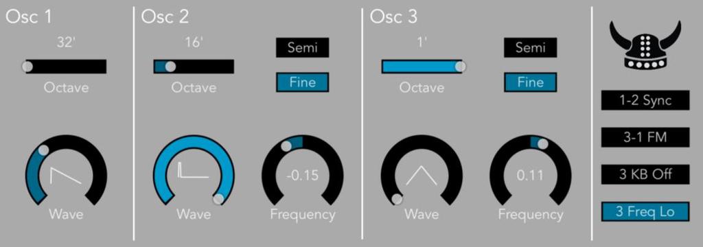 4 Oscillators Viking Synth has three continuously variable wave oscillators with a few extra settings to tweak how they operate. Octave The Octave slider sets the octave of the oscillator.