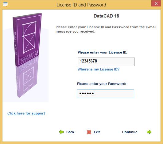 Type the License ID and Password into the appropriate
