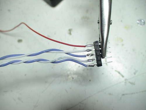 5-pin header to a helping-hand or equivalent - Tin all 5 of the pins - Strip an 1/8" of wire off an tin it with some solder - Solder the wires onto the