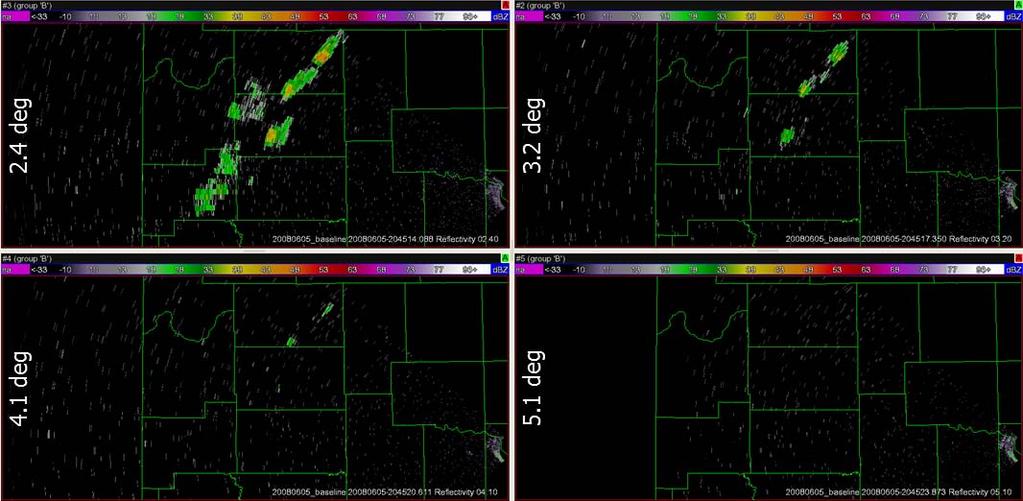 Fig. 10. Reflectivity PPI displays for data collected on June 5 th, 2008 at 20:45 UTC with conventional scanning.