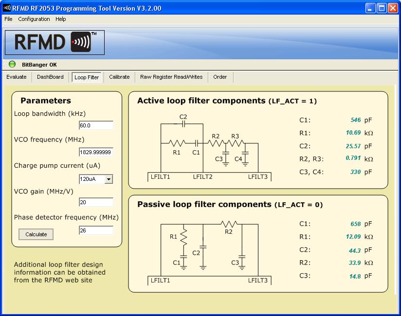 3.1 LOOP FILTER CALCULATOR The RF205x Programming Tools GUI contains a Loop Filter Calculator tab.