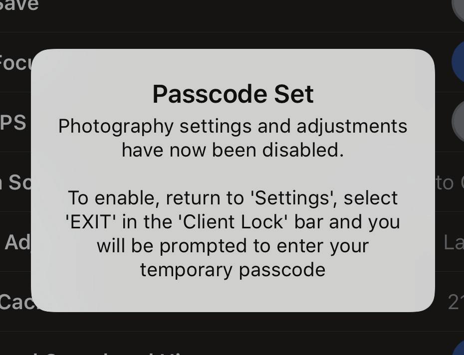 From the Settings tab, tap on "ENTER" Enter a four digit passcode used to remove Client Lock A confirmation that